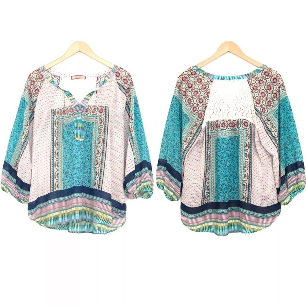 Olive Hill Anthropologie 3/4 Sleeve Chiffon Tunic Top Mixed Print Women's Small